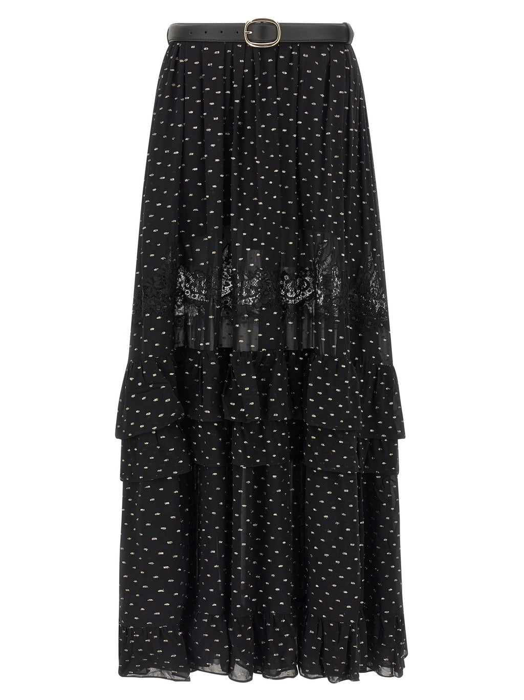 Self-Portrait Black And Gold Chiffon Lace Maxi Skirt